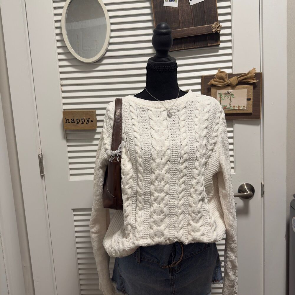 90s Minimalist Ivory J.Jill Cable Knit Sweater